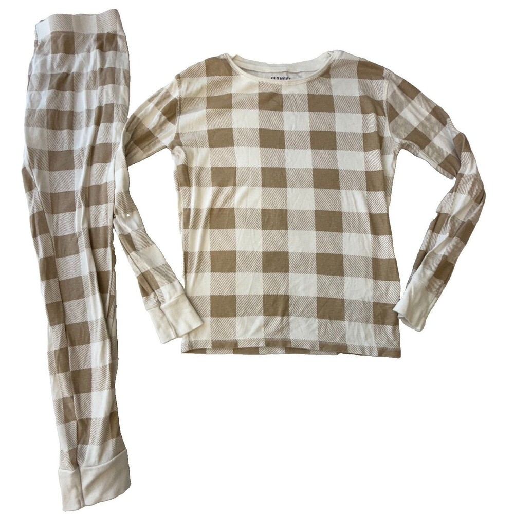 Old Navy Kids Unisex XL 12 Beige Cream Plaid Long Sleeve Pajama Set